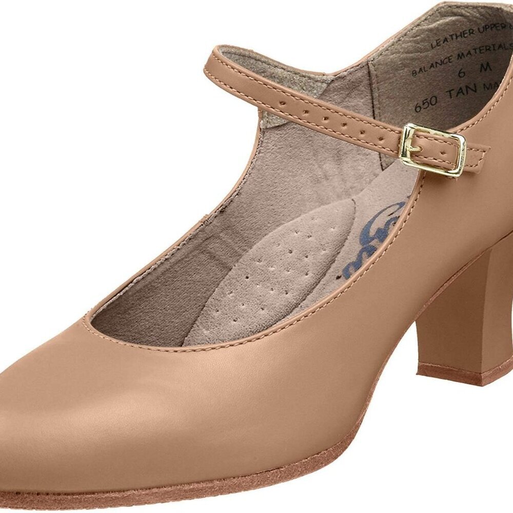 Women's Leather Dance Shoe Size 7.5 Wide Buckle Mary-Jane Non-Slip Heel